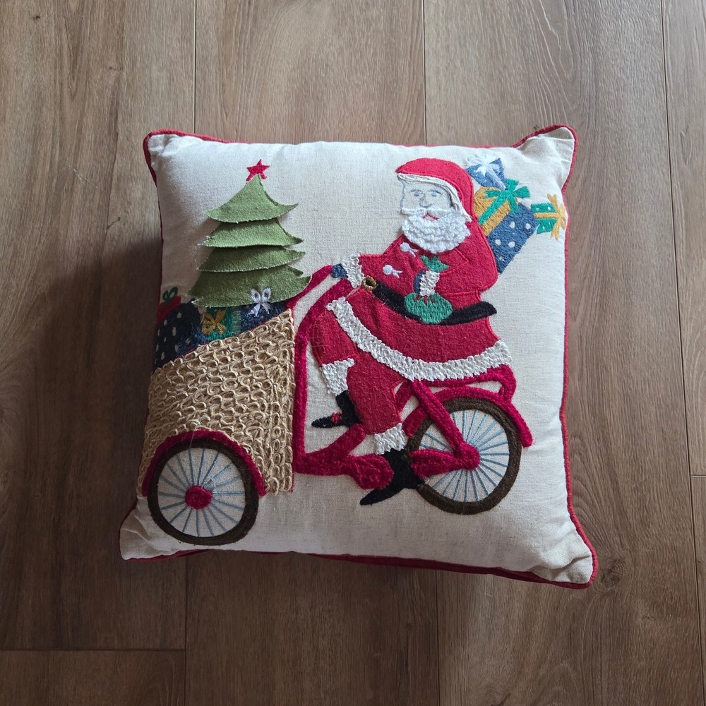 World Market Embroidered Santa Christmas Bike Pillow‎ Cover Red